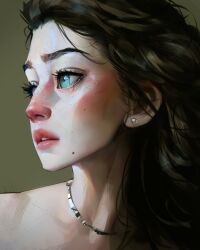 Rule 34 | 1girl, aegyo sal, art study, black hair, blue eyes, blush, crying, crying with eyes open, earrings, freckles, green background, hair slicked back, highres, jewelry, open mouth, original, portrait, sam yang, simple background, solo, stud earrings, tears