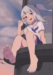 1girl absurdres barefoot blue_eyes blue_hair blue_nails blue_neckerchief blue_skirt blunt_bangs blurry blurry_background blush cloud cloudy_sky commentary english_commentary feet fingernails floating_hair foot_focus gawr_gura gawr_gura_(school_uniform) grey_hair hair_bobbles hair_ornament highres hololive hololive_english hsh long_fingernails long_hair looking_at_viewer multicolored_hair nail_polish neckerchief official_alternate_costume open_mouth sailor_collar school_uniform sharp_teeth shirt short_sleeves side_ponytail sitting skirt sky smile soles solo streaked_hair teeth toenail_polish toenails toes two-tone_hair v virtual_youtuber white_sailor_collar white_shirt