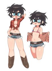 Rule 34 | 1girl, american flag, american flag bikini, american flag print, batman (series), batrobin k, belt, bikini, black hair, black mask, blue eyes, blush, boots, breasts, checkered clothes, checkered shirt, cowboy boots, cropped legs, dc comics, denim, denim shorts, eye mask, fang, flag print, flag print bikini, fourth of july, front-tie top, full body, highres, looking at viewer, navel, open mouth, print bikini, robin (batrobin k), robin (dc), shirt, short hair, short shorts, shorts, small breasts, smile, solo, standing, swimsuit, tomboy, undressing