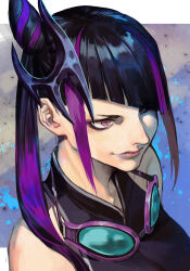 Rule 34 | 1girl, aespa, asymmetrical hair, bare shoulders, black hair, black shirt, blunt bangs, breasts, fascinator, goggles, goggles around neck, hair horns, hair over one eye, han juri, hungry clicker, lipstick, looking ahead, makeup, multicolored hair, official alternate costume, official alternate hairstyle, one eye covered, purple eyes, purple hair, shirt, smirk, solo, streaked hair, street fighter, street fighter 6, upper body