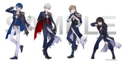 Rule 34 | 4boys, :d, :q, aiguillette, ankle boots, aqua eyes, black gloves, black hair, blue boots, blue cape, blue hair, blue jacket, blue pants, blue shoes, boots, brown hair, cape, commentary request, copyright notice, epaulettes, glasses, gloves, gold trim, grey eyes, grey hair, grin, hair ornament, highres, idol clothes, jacket, kanae (nijisanji), kuzuha (nijisanji), leos vincent, lineup, long hair, long sleeves, looking at viewer, low ponytail, male focus, mameneko (leos vincent), mashiro meme, multiple boys, nail polish, nijisanji, nijisanji idol uniform, official art, one eye closed, open mouth, pants, ponytail, red cape, red eyes, red nails, sample watermark, shoes, short hair, simple background, single epaulette, sleeve cuffs, smile, suou (sdurorhr), tongue, tongue out, two-sided cape, two-sided fabric, v, very short hair, virtual youtuber, watermark, white background, white gloves, white pants, yellow eyes