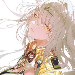 1girl collared_vest hair_ornament highres long_hair sas_(ls08b) simple_background single_hair_intake solo upper_body vest white_background white_hair yellow_eyes yellow_vest yin_yang_pin yixuan_(zenless_zone_zero) zenless_zone_zero