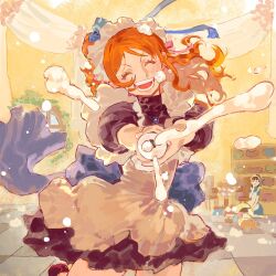 1boy 2girls antlers apron back_ribbon black_dress blue_ribbon closed_eyes cowboy_shot dress facing_viewer high_ponytail highres horns indoors long_hair lying maid maid_apron maid_headdress multiple_girls nami_(one_piece) nico_robin official_alternate_costume on_back one_piece open_mouth orange_hair ponytail pov reindeer_antlers reindeer_boy ribbon siyangou49 tony_tony_chopper wavy_hair white_apron