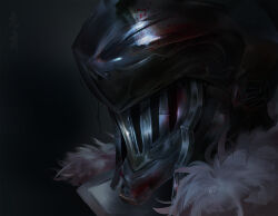 1boy blood_on_armor facing_viewer fur_trim goblin_slayer goblin_slayer! gradient_background grey_background helm helmet highres jiu_su male_focus portrait shiny_clothes solo translation_request