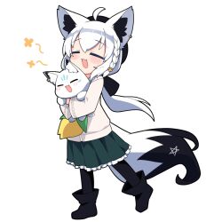 1girl :d ahoge animal_ears black_boots black_pantyhose blush boots braid brown_jacket closed_eyes commentary fox_ears fox_girl fox_tail frilled_skirt frills full_body green_skirt holding hololive jacket jb_jagbung long_hair long_sleeves open_mouth pantyhose pleated_skirt shirakami_fubuki simple_background skirt smile standing sukonbu_(shirakami_fubuki) tail virtual_youtuber white_background white_hair wide_sleeves