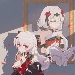 1girl absurdres bare_shoulders black_dress black_sleeves captain_(honkai_impact) closed_eyes closed_mouth commentary_request detached_sleeves dress flower grey_hair hair_between_eyes hair_flower hair_ornament hat highres honkai_(series) honkai_impact_3rd hui_yu_yu_yu_ye juliet_sleeves long_sleeves peaked_cap petals picture_frame puffy_sleeves red_eyes red_flower red_rose rose smile solo theresa_apocalypse theresa_apocalypse_(luna_kindred) theresa_apocalypse_(lunar_vow:_crimson_love) white_hat wide_sleeves