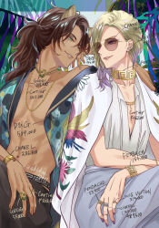 2boys animal_ears blonde_hair brown_hair dark-skinned_male dark_skin elbow_on_another&#039;s_shoulder eye_contact gradient_hair green_eyes highres jewelry leona_kingscholar lion_boy lion_ears long_hair looking_at_another looking_at_viewer male_focus multicolored_hair multiple_boys multiple_rings neck_ring necklace plunging_neckline ponytail purple_eyes purple_hair ring sitting sunglasses toned toned_male twisted_wonderland ukichan12011 vil_schoenheit yaoi