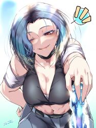 1girl artist_name asymmetrical_legwear bare_shoulders bent_over black_choker black_shirt black_sports_bra blue_hair blush bob_cut breast_focus breasts brown_eyes choker cleavage collarbone crop_top denim game_freak grey_shirt grey_sports_bra hand_on_own_hip highres jeans large_breasts loose_hair_strand midriff navel nintendo one_eye_closed pants perrin_(pokemon) pokemon pokemon_sv shirt signature sink sleeveless sleeveless_shirt sports_bra sweat sweatdrop tgxx3300 undershirt v-neck water
