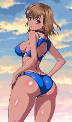 1girl alternate_breast_size ass back bare_arms bare_shoulders bikini black_choker blue_bikini blue_buruma blue_sky blue_sports_bra blush breasts brown_eyes brown_hair buruma choker cloud cloudy_sky covered_erect_nipples cowboy_shot dark_skin flower from_behind frozen_gingasan gradient_sky hair_flower hair_ornament hands_on_own_hips highres large_breasts looking_at_viewer looking_back median_furrow medium_breasts medium_hair misaka_mikoto open_mouth outdoors shiny_skin sideboob sky solo sports_bikini sports_bra standing swimsuit tan thighs toaru_kagaku_no_railgun toaru_majutsu_no_index variant_set