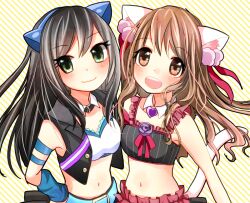 2girls :d akasa_tanu animal_ear_headphones animal_ears belt black_hair blue_belt blush bra brooch brown_hair cat_ear_headphones cat_tail choker clothing_request collared_shirt commentary_request crop_top cropped_jacket detached_sleeves diagonal-striped_background dot_nose fake_animal_ears flower frilled_bra frilled_skirt frills green_eyes headphones heart heart_brooch idolmaster idolmaster_cinderella_girls jewelry long_hair looking_at_viewer midriff multicolored_hair multiple_girls open_mouth orange_eyes original over_the_collar_(idolmaster) pink_flower pink_rose rose shibuya_rin shimamura_uzuki shirt skirt smile streaked_hair striped_background tail teeth underwear upper_body upper_teeth_only