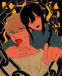 1boy 1girl black_hair blonde_hair blue_sweater braid braided_ponytail chain chainsaw_man denji_(chainsaw_man) hair_over_shoulder head_tilt highres llq9ull looking_at_viewer medium_hair mole mole_under_mouth nayuta_(chainsaw_man) open_mouth pointing pointing_at_viewer ringed_eyes sharp_teeth shirt short_hair sweat sweater teeth tongue tongue_out two-tone_background white_shirt yellow_eyes