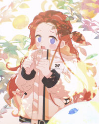 1girl @_@ absurdres blue_archive blush_stickers bow clenched_hands commentary dot_nose forehead hair_bow highres jacket long_hair long_sleeves looking_at_viewer lumi_snowfall one_side_up open_mouth outdoors red_hair solo standing sunlight upper_body vegetation white_background white_bow white_jacket yuzu_(blue_archive)