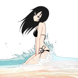 1girl barefoot between_legs bikini black_bikini black_eyes black_hair breasts closed_mouth dot_mouth hand_between_legs highres kamotsu kneeling long_hair medium_breasts original side-tie_bikini_bottom simple_background sitting solo swimsuit water white_background