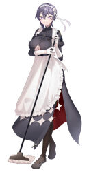 1girl absurdres alternate_costume apron azur_lane bellona_(armed_to_clean)_(azur_lane) bellona_(azur_lane) black_footwear black_pantyhose breasts broom closed_mouth clothing_cutout commission enmaided full_body gloves hair_between_eyes hands_up highres holding holding_broom juliet_sleeves large_breasts long_sleeves looking_at_viewer maid maid_headdress official_alternate_costume pantyhose pixiv_commission puffy_short_sleeves puffy_sleeves purple_eyes purple_hair seele0907 short_hair short_sleeves simple_background solo underboob underboob_cutout white_apron white_background white_gloves