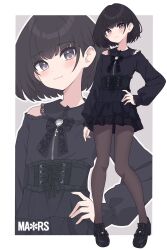 1boy black_bow black_dress black_hair black_shoes blush border bow clothing_cutout commentary crossdressing dress frills full_body hand_on_own_hip head_tilt highres kisaragi_yura_(zeatto) lace-trimmed_collar lace-trimmed_sleeves lace_trim light_smile long_sleeves male_focus original pantyhose purple_eyes shoes short_hair shoulder_cutout trap white_border zeatto