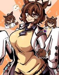1girl absurdres agnes_tachyon_(umamusume) ahoge animal_ears ashy_(dankestsin) beaker breasts brown_hair earrings eyelashes highres holding_beaker horse_ears horse_girl horse_tail jewelry lab_coat large_breasts light_blush looking_at_viewer medium_hair musical_note necktie pantyhose red_eyes short_necktie single_earring sleeves_past_fingers sleeves_past_wrists smile sparkle sweater sweater_vest tail test_tube umamusume wolf_cut yellow_sweater yellow_sweater_vest
