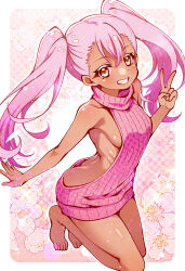 1girl bare_shoulders blush breasts chloe_von_einzbern dark-skinned_female dark_skin fangs fate/grand_order fate/kaleid_liner_prisma_illya fate_(series) feet floating floating_hair floral_background floral_print full_body hanagata_kai medium_breasts meme_attire pink_background pink_hair pink_theme smile tan teeth twintails v virgin_killer_sweater yellow_eyes