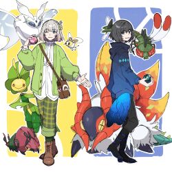 2boys alternate_costume bag black_footwear black_hair black_pants blue_eyes boots brown_footwear commentary_request creatures_(company) crossover cutiefly dual_persona fate/grand_order fate_(series) frosmoth full_body game_freak gen_4_pokemon gen_5_pokemon gen_7_pokemon gen_8_pokemon grey_hair highres holding hood hood_down jacket leavanny long_sleeves male_focus multiple_boys net_ball nintendo oberon_(fate) oberon_(third_ascension)_(fate) ohana_(tarao38_sannma) one_eye_closed pants poke_ball poke_ball_(basic) pokemon pokemon_(creature) slither_wing standing venipede yanmega