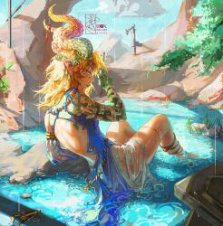 1boy back_cutout balo_badartist blonde_hair blue_eyes blue_robe body_markings clothing_cutout colored_skin detached_sleeves dragon_horns full_body gladiator_sandals green_skin hair_between_eyes head_ornament highres horns link long_hair male_focus nintendo outdoors rain robe sandals see-through_clothes see-through_sleeves soaking_feet solo the_legend_of_zelda the_legend_of_zelda:_tears_of_the_kingdom white_robe