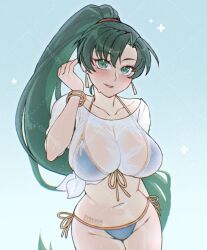 1girl adjusting_hair alternate_costume bangle bikini blue_bikini blush bracelet breasts collarbone commentary commission earrings english_commentary fire_emblem fire_emblem:_the_blazing_blade green_eyes green_hair grin groin hair_between_eyes high_ponytail jewelry large_breasts long_hair lyn_(fire_emblem) navel nintendo ponytail see-through_clothes see-through_shirt shirt smile swimsuit symoca thighs very_long_hair wide_hips