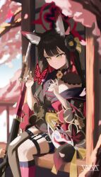 1girl absurdres animal_ear_fluff animal_ears black_flower black_hair black_kimono black_sailor_collar blue_archive blush bug butterfly closed_mouth flower fox_ears fox_girl fox_mask gun hair_flower hair_ornament highres insect japanese_clothes kimono long_hair looking_at_animal mask pink_socks purple_sash red_butterfly ribbon rifle sailor_collar sash sidelocks single_bare_shoulder single_thighhigh smile socks tail tail_ornament tail_ribbon thigh_strap thighhighs torn_clothes torn_thighhighs vam wakamo_(blue_archive) weapon yellow_eyes yellow_ribbon