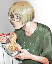 Rule 34 | 1boy, alternate costume, armin arlert, blonde hair, blue eyes, contemporary, food, glasses, green shirt, highres, holding, looking at viewer, male focus, neck, noodles, shingeki no kyojin, shirt, short hair, solo, sweatdrop, v3raxyy