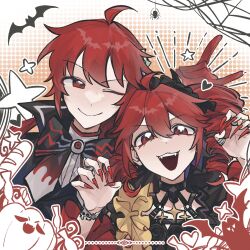 1boy 1girl ahoge bat_(animal) black_dress black_jacket black_ribbon bracelet bug claws closed_mouth double-parted_bangs dress drill_hair fang fingernails frilled_dress frills hair_between_eyes halloween_costume heart highres jacket jewelry kasane_ted kasane_teto kasane_teto_(halloween) looking_at_viewer nail_polish neck_ribbon official_alternate_costume one_eye_closed open_mouth pumpkin red_eyes red_hair red_nails ribbon ring shirt silk smile spider spider_web teeth twin_drills upper_teeth_only utau yjngshdsng69835