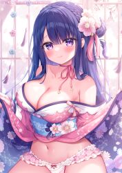 Rule 34 | 1girl, bare shoulders, blue sash, blush, breasts, cleavage, closed mouth, clothes lift, collarbone, commentary request, flower, hair between eyes, hair bun, hair flower, hair ornament, japanese clothes, kimono, kimono lift, large breasts, long hair, looking at viewer, mitsuba choco, navel, obi, off shoulder, original, pink flower, pink kimono, purple eyes, purple hair, purple kimono, sash, single hair bun, smile, solo, stomach, stomach day, very long hair