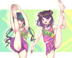 2girls barefoot blush brown_eyes brown_hair cheerleader feet green_hair leg_up long_hair looking_at_viewer low_twintails medium_hair multiple_girls open_mouth soles toes twintails yukiusagi_(gaballscreen&amp;blaze)