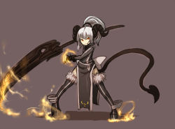 1girl :p bad_id bad_pixiv_id behemoth demon_girl demon_tail female_focus ganesagi horns huge_weapon long_hair orange_eyes original ponytail solo sword tail thighhighs tongue tongue_out weapon white_hair