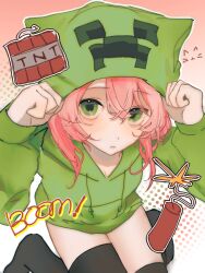 1girl animal_ears animal_hood cat_hood chinese_commentary commentary creeparka creeper english_text explosive fake_animal_ears green_eyes green_hoodie hands_up highres hood hood_up hoodie looking_at_viewer minecraft ning035260 outline personification pink_hair short_hair sitting solo tnt tnt_block_(minecraft) wariza white_outline