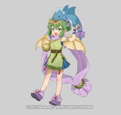 Rule 34 | 1girl, aged down, armlet, copyright notice, dragon, dragon girl, dragon wings, fire emblem, fire emblem: mystery of the emblem, fire emblem: shadow dragon and the blade of light, fire emblem heroes, full body, green eyes, green hair, grey background, holding, holding stuffed toy, jewelry, looking at viewer, nintendo, official art, open mouth, pendant, pink scarf, pointy ears, ponytail, scarf, simple background, smile, solo, stuffed animal, stuffed dragon, stuffed toy, tachi-e, tiara, tiki (fire emblem), tiki (young) (dragon&#039;s progeny) (fire emblem), tsukana (saba mizore), wings