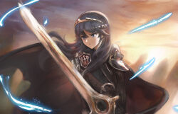 1girl armor blue_eyes blue_hair byte_(grunty-hag1) cape closed_mouth commentary_request falchion_(fire_emblem) fire_emblem fire_emblem_awakening hair_between_eyes holding holding_sword holding_weapon long_hair long_sleeves lucina_(fire_emblem) nintendo shoulder_armor solo sword tiara upper_body weapon