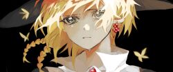 1boy aika1102a androgynous black_background black_hat blonde_hair blue_eyes braid bug butterfly commentary crying earrings frown hat highres insect jewelry magi_the_labyrinth_of_magic male_focus medium_hair portrait simple_background solo titus_alexius twin_braids