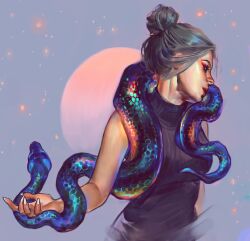 Rule 34 | 1girl, animal, colorful, grey hair, hair bun, highres, original, pastel (medium), rainbow scales, red lips, sleeveless, sleeveless turtleneck, snake, solo, traditional media, turtleneck, vetyr