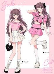 bag black_bow blush boots bow brown_hair fashion full_body hair_ornament hair_ribbon handbag highres holding kneehighs long_hair looking_at_viewer midriff moya_(toatomoot) original pink_nails pink_ribbon pink_shirt pink_skirt ribbon shirt shoes short_sleeves simple_background skirt smile socks white_boots white_skirt white_socks