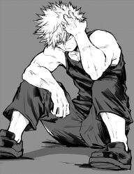 1boy annoyed bakugou_katsuki bare_shoulders boku_no_hero_academia chiyaya collarbone full_body greyscale hair_between_eyes hand_in_own_hair highres knees_up looking_to_the_side male_focus monochrome muscular muscular_male pants parted_lips shoes short_hair sideways_glance sitting solo spiked_hair tank_top