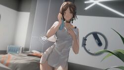 1girl bed breasts brown_hair choker collarbone dress game_cg highres indoors large_breasts light looking_at_viewer medium_breasts nita_(snowbreak) official_art parted_bangs plant short_hair snowbreak:_containment_zone solo third-party_source towel wet wet_clothes wet_dress white_dress