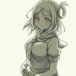 1girl backlighting breasts commentary greyscale hair_rings highres large_breasts long_hair love_live! love_live!_sunshine!! monochrome ohara_mari one_side_up pas_(paxiti) petals pleated_skirt school_uniform serafuku single_hair_ring skirt smile solo summer_uniform uranohoshi_school_uniform