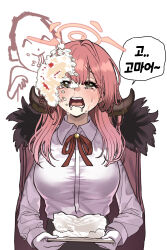 1boy 1girl absurdres aru_(blue_archive) blue_archive blush breasts brown_coat brown_horns cake cake_on_head chroong coat coat_on_shoulders crying crying_with_eyes_open demon_horns doodle_sensei_(blue_archive) dress_shirt drooling food fur-trimmed_coat fur_trim gloves hair_between_eyes hair_over_shoulder halo high-waist_skirt highres holding holding_plate horns large_breasts licking licking_another&#039;s_hair long_hair neck_ribbon open_mouth orange_halo pencil_skirt pink_hair pink_halo plate red_coat red_ribbon ribbon sad saliva saliva_trail sensei_(blue_archive) shirt simple_background skirt streaming_tears teardrop tearing_up tears white_background white_gloves