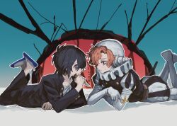Rule 34 | 2boys, black hair, blue background, clown, commentary request, cross, gakuran, highres, holding, holding cross, komiroku, latin cross, looking at another, lying, male focus, multiple boys, on stomach, orange hair, pink eyes, randal&#039;s friends, school uniform, sebastian de tomato smith chicken legs, short hair, translation request, tsukada satoru