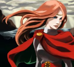 1girl blue_eyes cape female_focus gensou_suikoden gensou_suikoden_i long_hair odessa_silverberg orange_hair sakuno_(zerobase) solo tiara