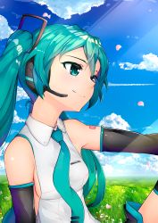 1girl absurdly_long_hair absurdres aqua_eyes aqua_hair aqua_necktie artist_name artist_request bare_shoulders black_skirt black_sleeves black_thighhighs blue_eyes blue_hair blue_necktie blue_sky blush breasts cloud collared_shirt detached_sleeves female_focus grass hair_between_eyes hair_ornament hatsune_miku headphones headset highres long_hair long_sleeves looking_at_viewer necktie nichesnake outdoors parted_lips petals pleated_skirt shirt shoulder_tattoo skirt sky sleeveless sleeveless_shirt sleeves_past_fingers sleeves_past_wrists small_breasts smile solo tattoo thighhighs twintails very_long_hair vocaloid white_shirt