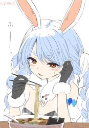 Rule 34 | + +, 1girl, animal ear fluff, animal ears, bare shoulders, black gloves, black leotard, blue hair, blush, bowl, braid, breasts, chopsticks, commentary request, detached sleeves, don-chan (usada pekora), dress, food, fur-trimmed gloves, fur trim, gloves, hands up, highres, holding, holding chopsticks, hololive, kiritoma, leotard, long hair, multicolored hair, noodles, parted lips, puffy short sleeves, puffy sleeves, rabbit ears, ramen, saliva, short sleeves, signature, simple background, small breasts, solo, strapless, strapless dress, strapless leotard, sweat, twin braids, twintails, two-tone hair, upper body, usada pekora, usada pekora (1st costume), virtual youtuber, white background, white dress, white hair, white sleeves
