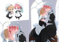 2boys absurdres apron black_dress blonde_hair bonnet book brown_shoes chibi closed_eyes crossdressing dress ensemble_stars! green_eyes hand_on_another&#039;s_cheek hand_on_another&#039;s_face hand_on_another&#039;s_shoulder highres holding holding_book juliet_sleeves kiss long_sleeves looking_at_viewer maid_apron multiple_boys oukawa_kohaku pink_hair puffy_sleeves purple_eyes shiratori_aira_(ensemble_stars!) shisokonbu shoes short_hair white_apron white_bonnet yaoi