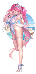 Rule 34 | 1girl, absurdres, animal ears, beach umbrella, black ribbon, blue sky, border, bracelet, breasts, claw pose, cloud, cloudy sky, covered erect nipples, covered navel, eyebrows hidden by hair, eyes visible through hair, fake animal ears, fang, hair ribbon, hairband, high heels, highleg, highleg one-piece swimsuit, highres, ina (mikamixx), jewelry, large breasts, leg up, looking at viewer, lupa (wuthering waves), ocean, one-piece swimsuit, outside border, pink hair, pool, ribbon, silver bracelet, sky, slit pupils, smile, solo, standing, summer, swimsuit, tail, thigh strap, thighs, turtleneck, turtleneck one-piece swimsuit, twintails, umbrella, white background, white border, white hairband, white one-piece swimsuit, wolf ears, wolf girl, wolf tail, wuthering waves, yellow eyes