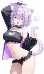 Rule 34 | 1girl, :d, absurdres, ahoge, animal ear fluff, animal ears, bikini, black jacket, breasts, cat cutout, cat ear bikini, cat ears, cat tail, clothing cutout, hashtag-only commentary, highres, hololive, jacket, long sleeves, looking at viewer, medium breasts, nannung, navel, nekomata okayu, open mouth, purple eyes, purple hair, revision, short hair, simple background, smile, solo, swimsuit, tail, virtual youtuber, white background