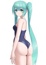 Rule 34 | 1girl, absurdres, amaama (beccyonaika1), ass, bare arms, bare shoulders, blue one-piece swimsuit, breasts, closed mouth, competition school swimsuit, cowboy shot, expressionless, from side, green eyes, green hair, hair between eyes, hatsune miku, highleg, highleg one-piece swimsuit, highres, legs together, long hair, looking at viewer, medium breasts, one-piece swimsuit, school swimsuit, simple background, solo, standing, swimsuit, twintails, very long hair, vocaloid, white background
