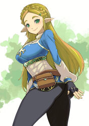 1girl ass black_gloves black_pants blonde_hair braid breasts closed_mouth commentary_request crown_braid fingerless_gloves gloves green_eyes hair_ornament hairclip highres large_breasts legs_apart long_hair long_sleeves looking_at_viewer muramasa_mikado nintendo pants parted_bangs pointy_ears pouch princess_zelda puffy_long_sleeves puffy_sleeves revision sidelocks smile solo standing the_legend_of_zelda the_legend_of_zelda:_breath_of_the_wild tight_clothes tight_pants