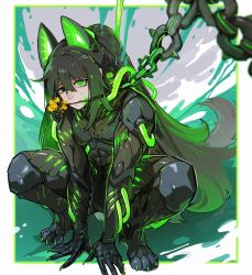 1boy animal_ears armor black_armor black_eyes black_hair blurry border chain depth_of_field dog_tail fake_animal_ears flaw_eight flower flower_in_mouth full_body green_eyes heterochromia high_ponytail highres hong_lu_(project_moon) k_corp._(identity)_(project_moon) limbus_company long_hair looking_at_viewer male_focus ponytail project_moon slime_(substance) solo sparkle squatting tail tube white_border yellow_flower